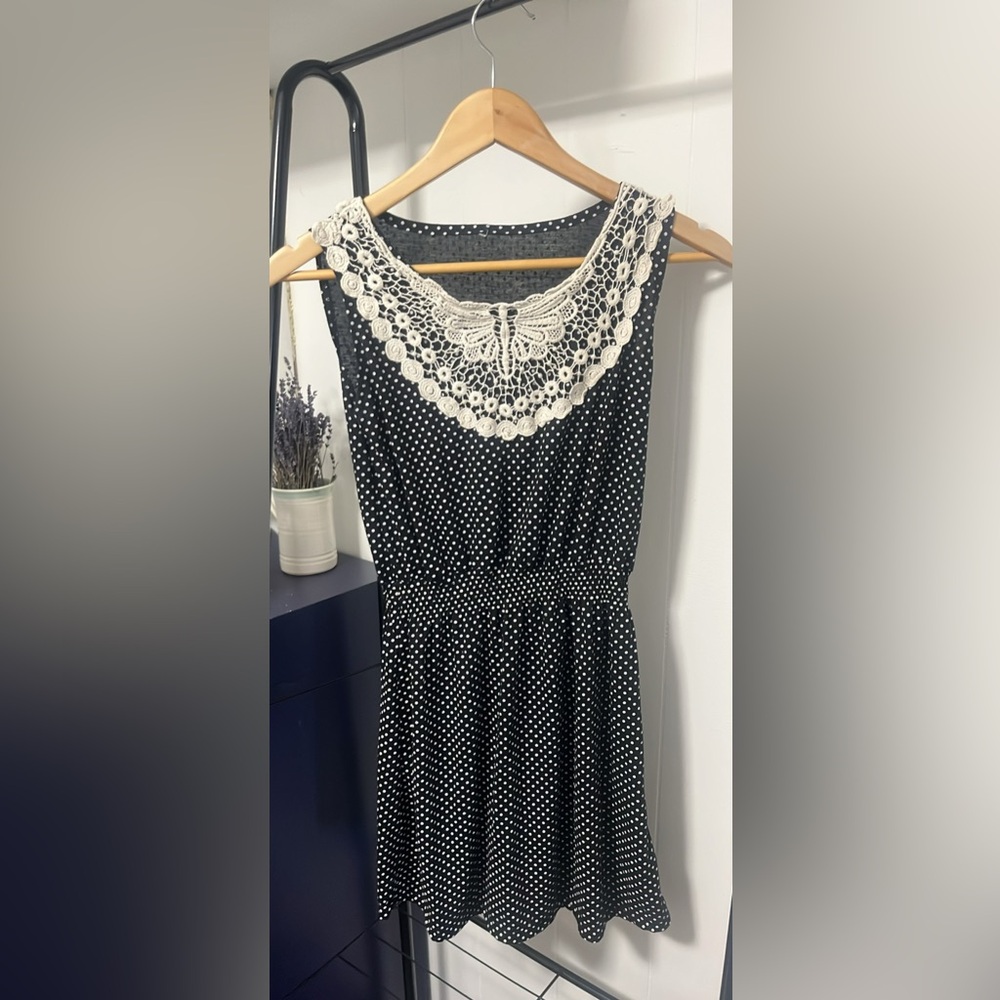 Elegant Black Polka Dot Dress with Lace Detail